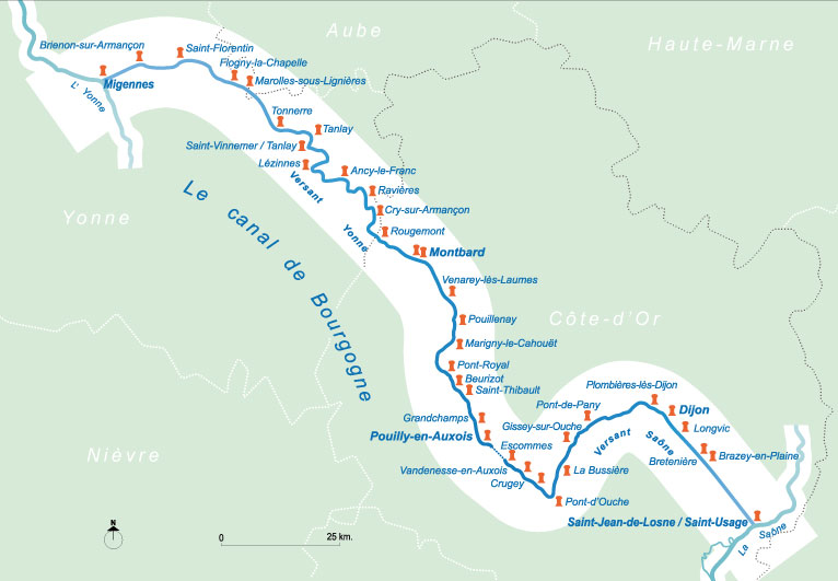 Carte des principaux ports du canal de Bourgogne
