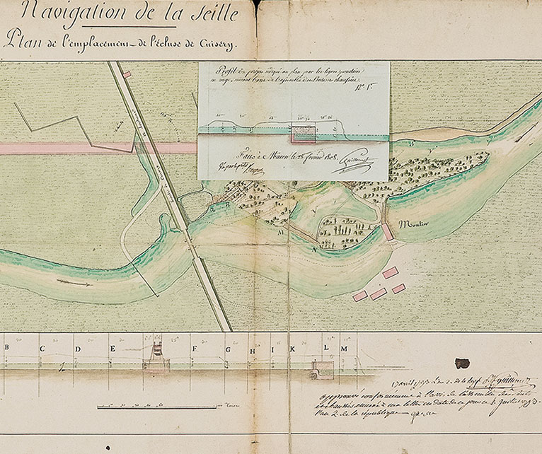 Navigation de la Seille. Plan de l'emplacement de l'écluse de Cuisery. Une retombe indique le nivellement de la Seille à l'emplacement de l'écluse. Dessin aquarellé, 74.5 x 38 cm et daté 17 avril 1793. VNF-direction territoriale Centre-Bourgogne.