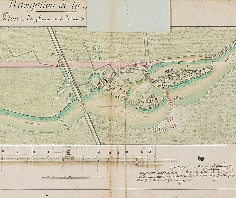 Navigation de la Seille. Plan de l'emplacement de l'écluse de Cuisery. Une retombe indique le nivellement de la Seille à l'emplacement de l'écluse. Dessin aquarellé, 74.5 x 38 cm et daté 17 avril 1793. VNF-direction territoriale Centre-Bourgogne.